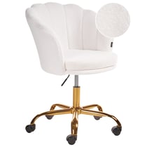 Chaise de Bureau Blanche en Boucle Glamour Fauteuil Coquillage Pivotant à Base en Etoile Dorée Assise Réglable avec Vérin Frein de Sécurité
