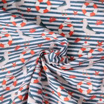 Tissu Coton imprimé Rayures Mouettes Bouées matelots sur fond Blanc