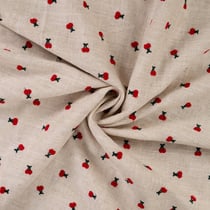 Tissu Lin Viscose Cerises brodées sur fond Beige chiné