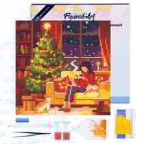 Mini Diamond Painting Broderie Diamant Figured’Art 25x25cm toile tendue sur châssis en bois - diamants ronds - Paisible au pied du sapin de Noël