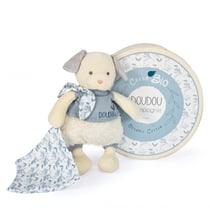 Chien peluche beige avec mouchoir bleu en coton BIO - 22 cm - Doudou et Compagnie