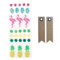 30 stickers 3D flamants rose et ananas + 20 étiquettes kraft Fanion