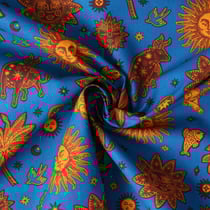 Tissu Popeline de Coton Cassiopée motif cosmique Jaune safran sur fond Bleu roi