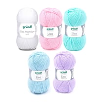 5 pelotes de laine - Blanc, rose bébé, bleu caraïbes, bleu clair et lilas - 100% acrylique - Gründl - Lisa Premium