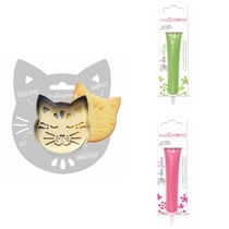 Kit pour biscuit en relief Chat + 2 Stylos au chocolat vert clair et fuchsia