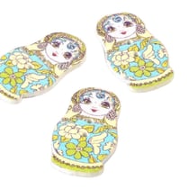 Lot de 6 boutons en bois poupée russe jaune et bleu 30mm