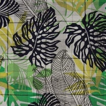Tissu Viscose imprimé pied de poule Feuilles exotiques sur fond Blanc - Au mètre