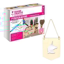 Coffret pyrogravure + suspension fanion en bois Licorne