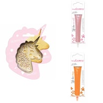 Kit pour biscuit en relief Licorne + 2 Stylos au chocolat rose pastel et orange