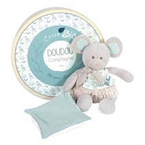 Souris en peluche grise avec mouchoir vert en coton BIO - 22 cm - Doudou et Compagnie