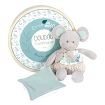 Souris en peluche grise avec mouchoir vert en coton BIO - 22 cm - Doudou et Compagnie