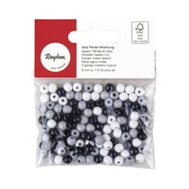 Assort. Perles en bois FSC 100%, 6mm ø, tons noirs / blancs, polies, 115 pièces
