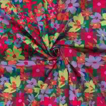 Tissu Coton stretch imprimé Fleurs rouge et lilas sur fond Vert