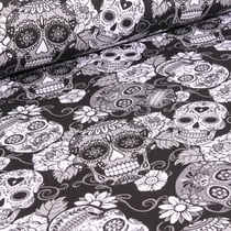 Tissu Jersey Coton Tête de morts et rose sur fond Noir