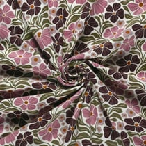 Tissu Jersey Coton Bord Côte Fleurs roses et olives sur fond Blanc cassé