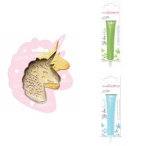 Kit pour biscuit en relief Licorne + 2 Stylos au chocolat vert clair et bleu pastel