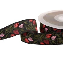 Bobine 15m galon jacquard fleurs noir 24mm