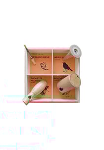 Coffret bois 4 appeaux - Merle-Hulotte-Mésange bleue-Pigeon