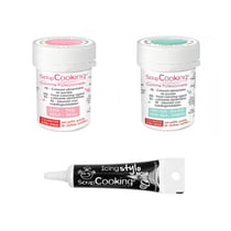 2 colorants alimentaires vert d'eau-rose poudré + Stylo glaçage noir