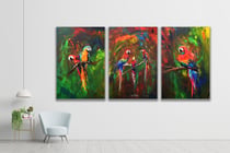 Œuvre originale Rémi Bertoche - Triptyque Perroquets - 3 toiles 120 x 80 cm - Ensemble 240 x 120 cm