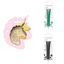 Kit pour biscuit en relief Licorne + 2 Stylos au chocolat vert et noir
