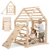 Aire de jeux bois enfant maison avec échelles, filet et toboggan intérieur – Mamabrum