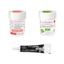 2 colorants alimentaires corail-vert + Stylo glaçage noir