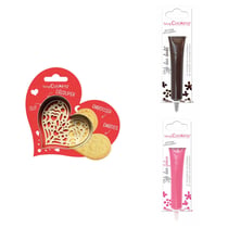 Kit pour biscuit en relief Coeur + 2 Stylos au chocolat marron et fuchsia