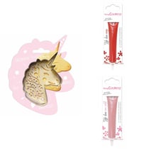 Kit pour biscuit en relief Licorne + 2 Stylos au chocolat rouge et rose pastel