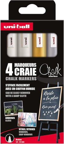 Uni-ball - Gamme CHALK MARKER - réf : PWE5M/4 PF ASSF46 - Marqueur craie pointe conique moyenne - Pochette de 4 - 1,8 - 2,5 mm - 2 blancs, or, Argent