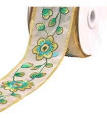 Bobine 10m galon brodé fleurs et feuilles 58mm jaune citron