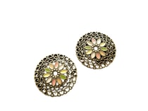 4 Pendentifs connecteurs ronds 25mm style bohême bronze et émail rose/vert/blanc