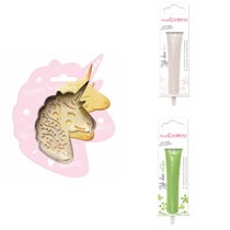 Kit pour biscuit en relief Licorne + 2 Stylos au chocolat blanc et vert clair