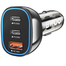 Bwoo Chargeur Voiture USB-C 25W + USB 18W Charge Rapide Éclairage LED Noir Transparent