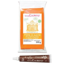 Pâte à sucre orange arôme vanille 250 g + Stylo chocolat