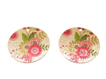 2 Breloques rondes pailletées 20mm imprimé fleur doré - vert - rose