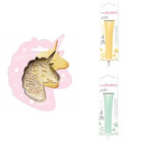 Kit pour biscuit en relief Licorne + 2 Stylos au chocolat jaune pastel et vert d'eau