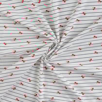 Tissu Jersey Coton Rayures bleues et cerises sur fond Blanc - Au mètre