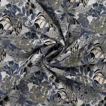 Tissu Tencel Lin Lana fleurs vintage tons Bleu sur fond Blanc cassé