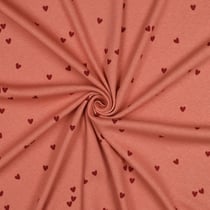 Tissu Jersey Coton côtelé petits coeurs Bordeaux sur fond Terracotta
