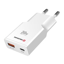 Swissten Chargeur Smartphone / Tablette GaN 30W USB-C et USB-A QC 3.0 Ultra Compact Blanc