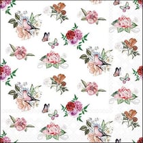 Lot de 4 serviettes en papier découpage collage 33 cm PETITES ROSES PAPILLONS OISEAUX F 650