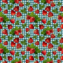 Tissu Coton imprimé Rayures canard et fraises sur fond Blanc