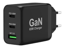 PORT Connect Chargeur Mural GaN USB-C Power Delivery™ & USB-A Quick Charge 65W avec câble type C 2 mètres Noir Prise EU