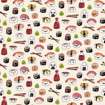 Tissu Coton imprimé Sushi party sur fond Beige