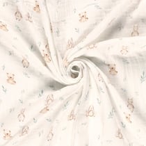Tissu Double gaze  Oursons et lapins peluche sur fond Ecru