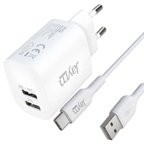 Jaym Pack Chargeur Secteur 2 USB-A 2.4A 12W avec Câble USB-A vers USB-C 2m Blanc
