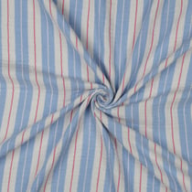 Tissu Double gaze de Coton rayures Bleu et Framboise sur fond Blanc cassé