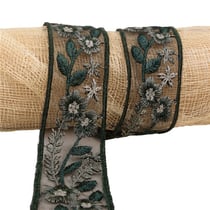 Bobine 10m galon fleurs brodées 45mm Vert Bouteille