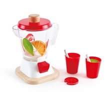 Blender pour smoothie avec fruits en bois et feutrine et deux verres
